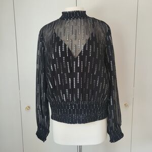 Express Sheer Black Smocked Waist Blouse with Silver Metallic Party